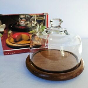 Vintage 1982 Gailstyn-Sutton Teakwood Cheese Server Glass Dome 8039 MCM Decor